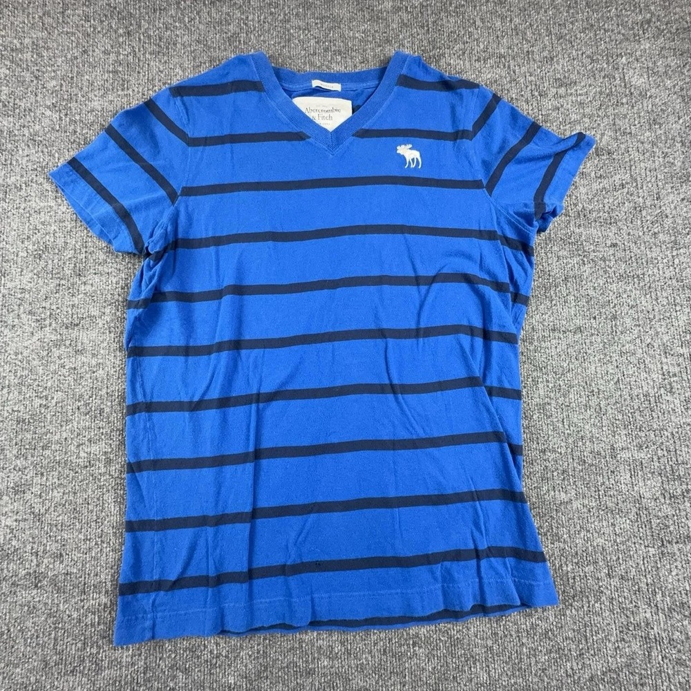 Y2K Abercrombie & Fitch Shirt Mens XL Blue Stripe V Neck Moose Logo Muscle Fit
